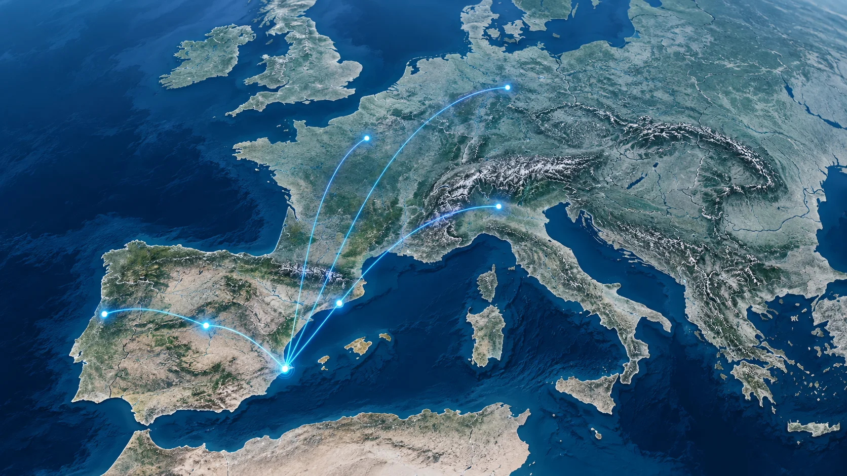 Mapa europeo con rutas logísticas desde Alicante hacia España, Portugal, Francia, Italia y Alemania