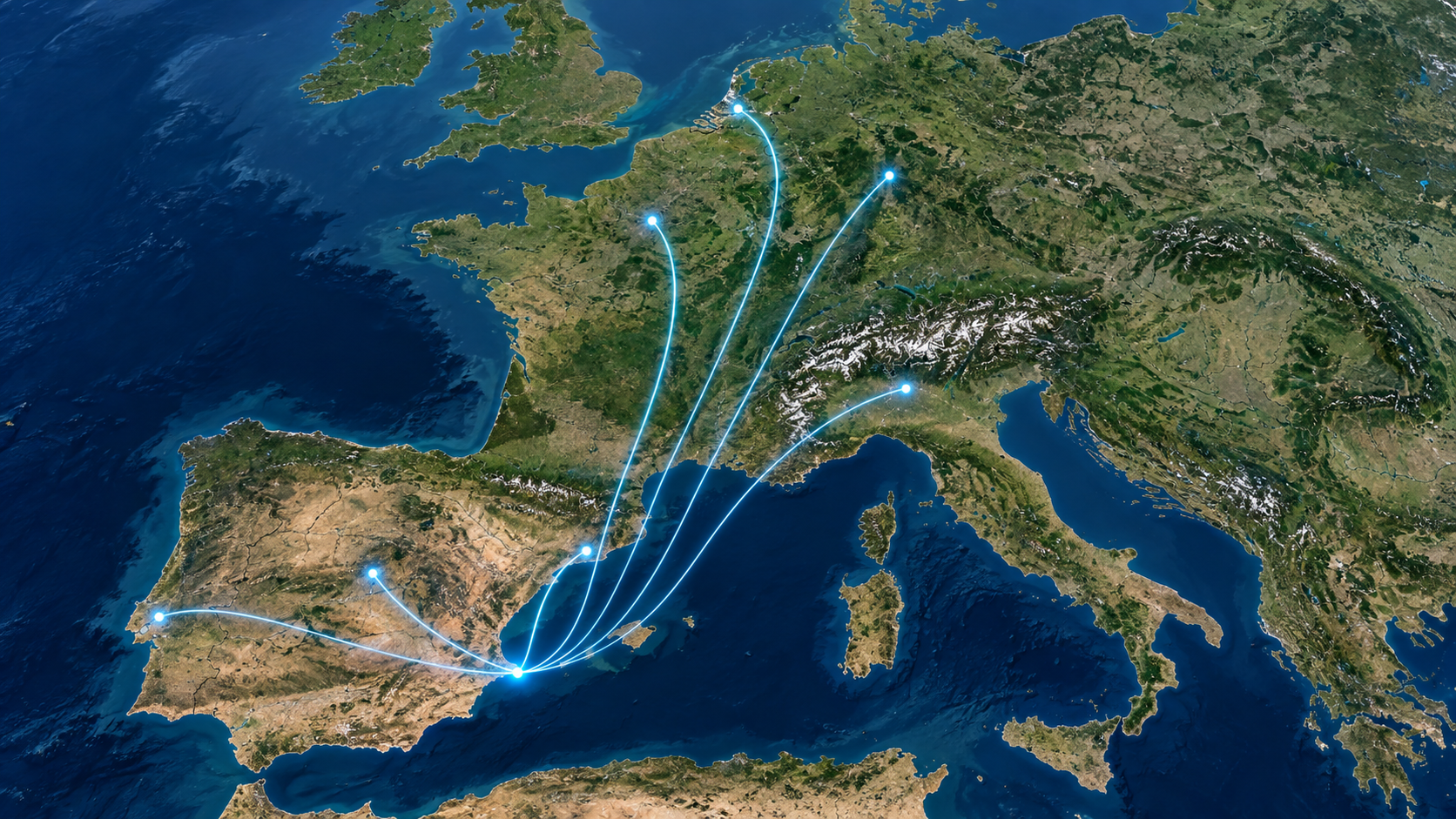 Mapa realista de la red logística desde Alicante hacia España, Portugal y Europa